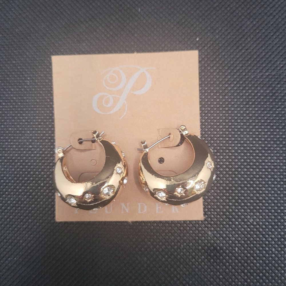 Plunder Gold Tone Rhinestone Hoop Earrings Chunky Statement Hoops